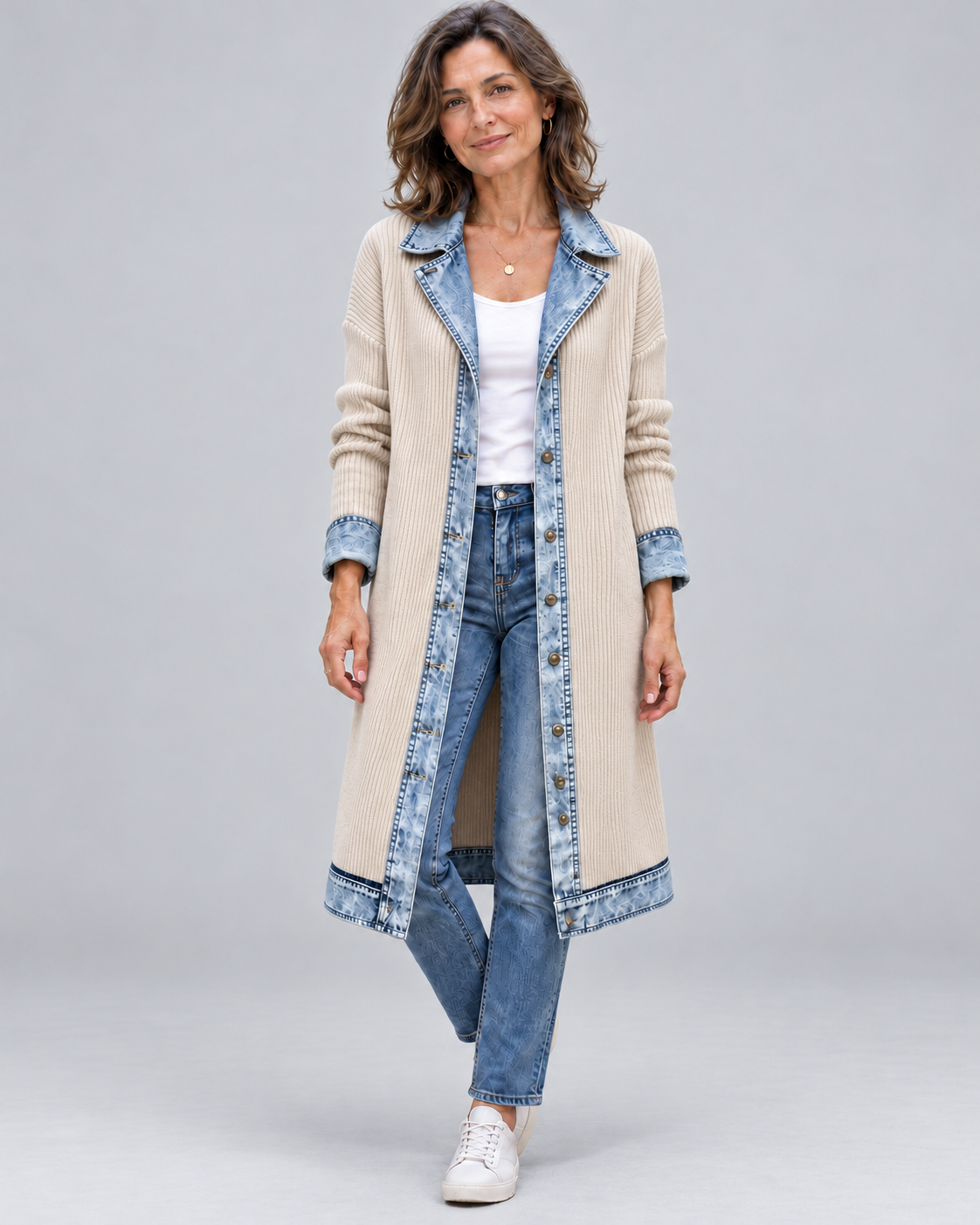 Rosalinda | Cardigan Lungo in Maglia con Dettagli in Denim
