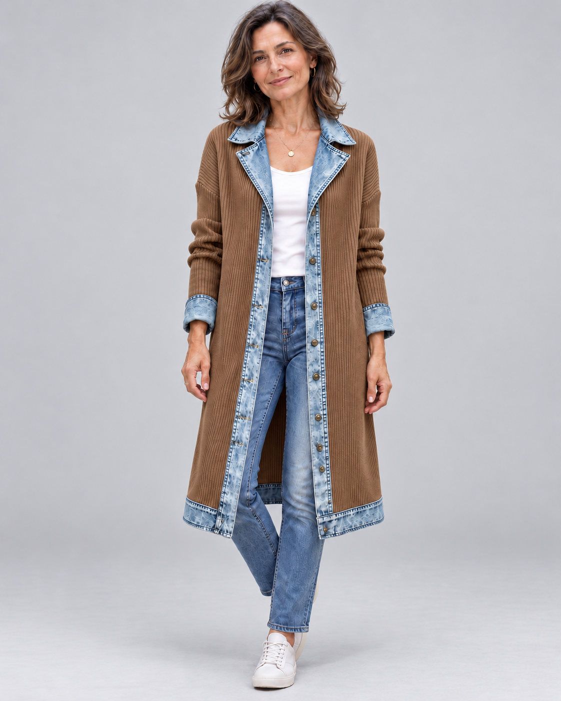 Rosalinda | Cardigan Lungo in Maglia con Dettagli in Denim