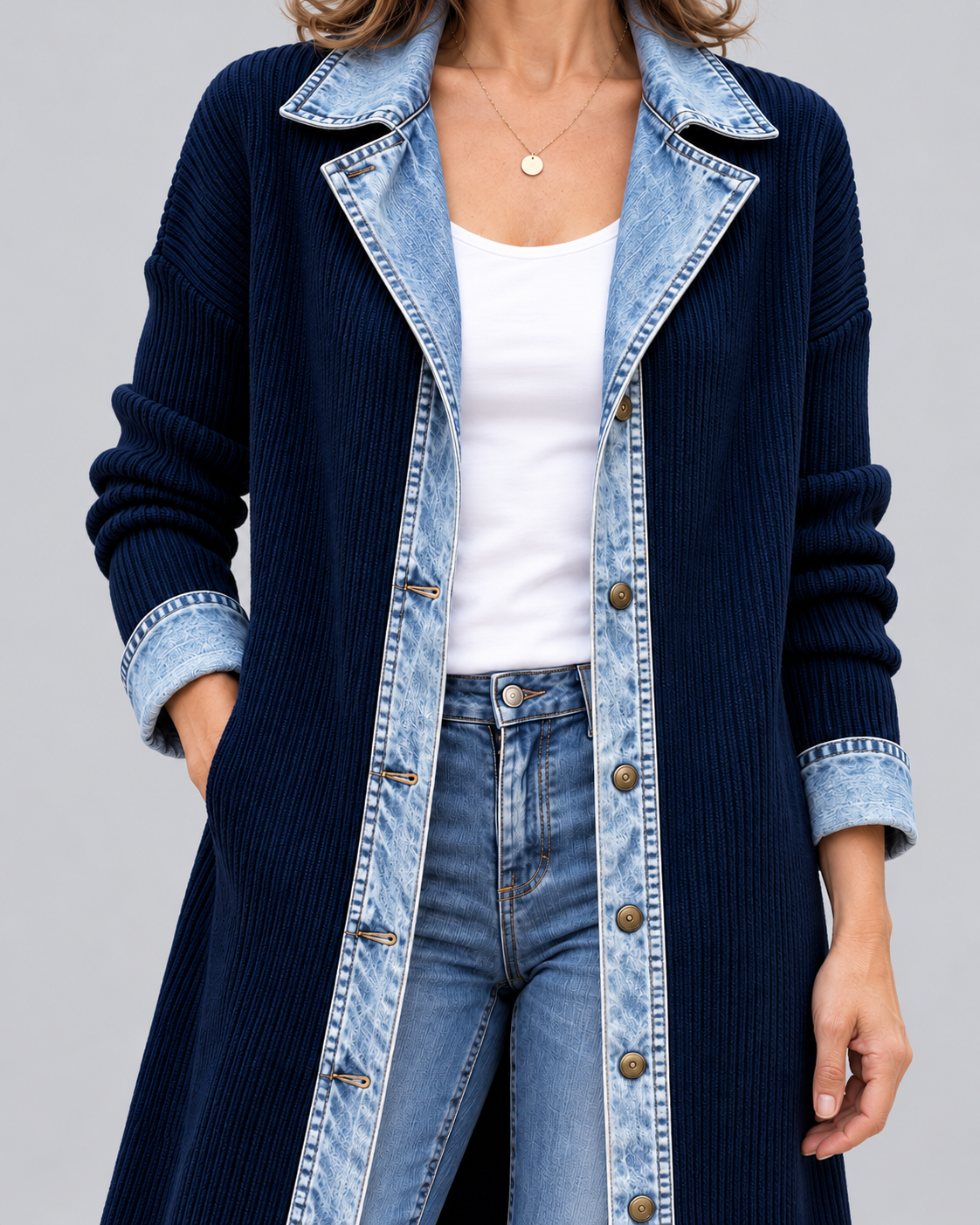 Rosalinda | Cardigan Lungo in Maglia con Dettagli in Denim