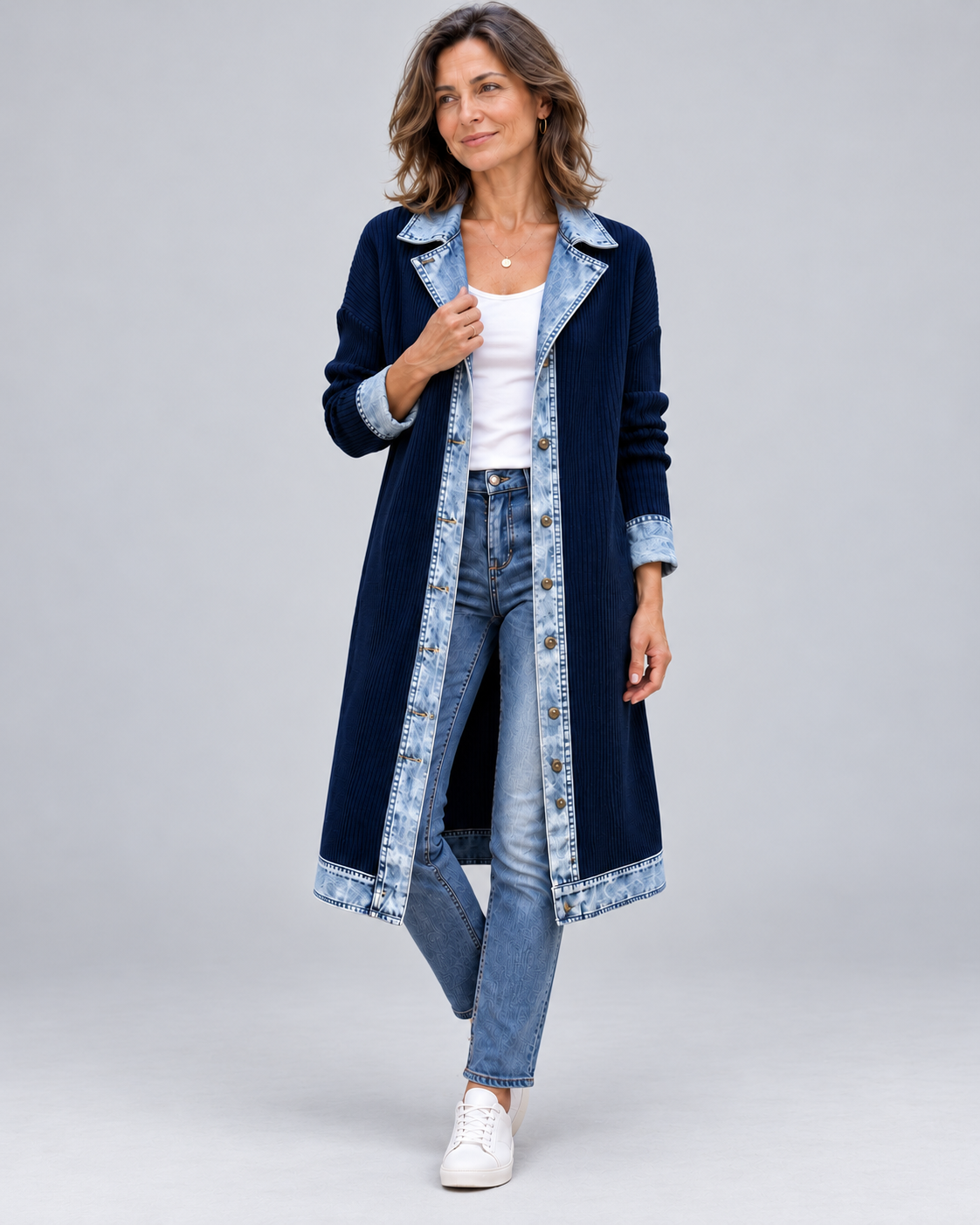 Rosalinda | Cardigan Lungo in Maglia con Dettagli in Denim