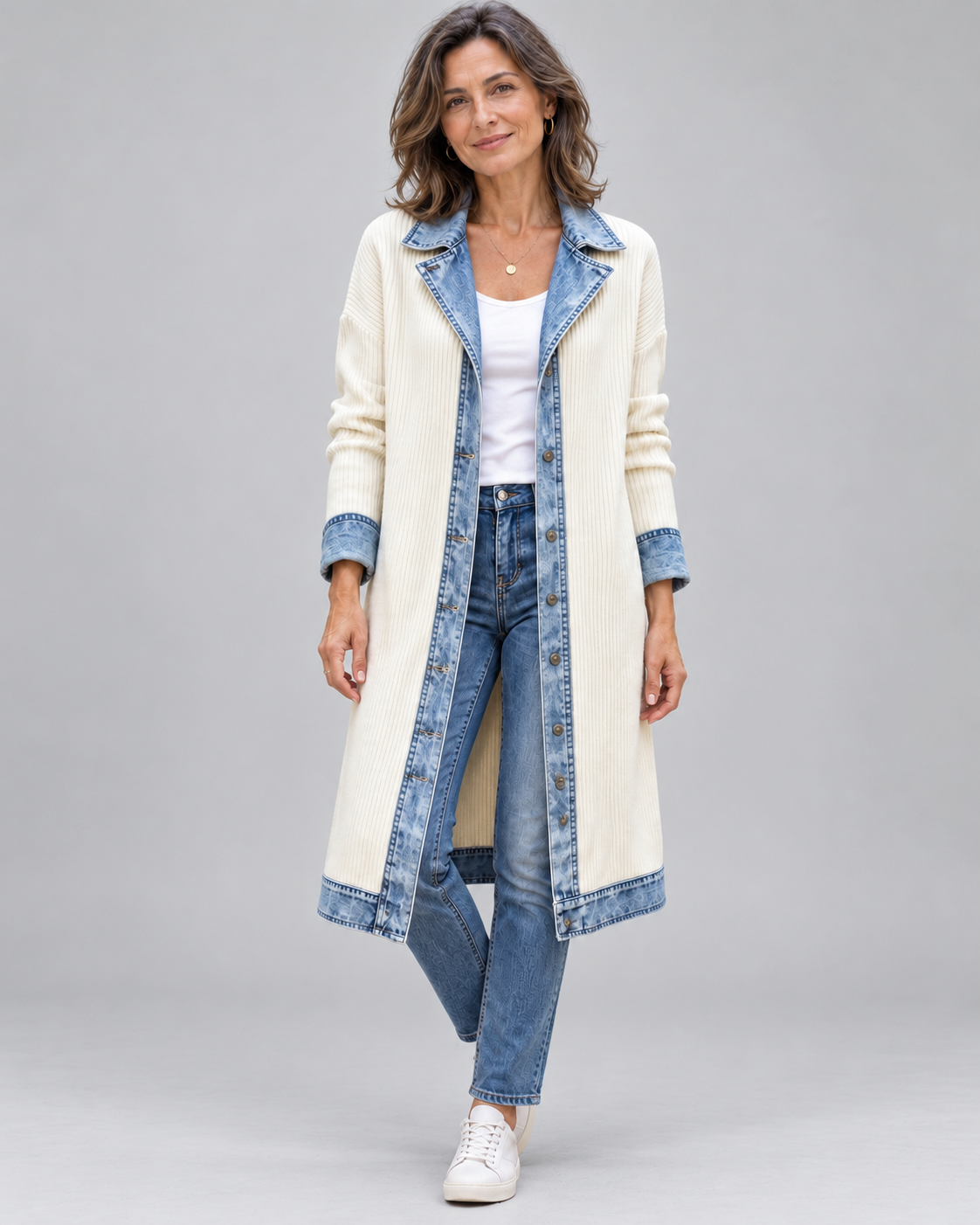 Rosalinda | Cardigan Lungo in Maglia con Dettagli in Denim