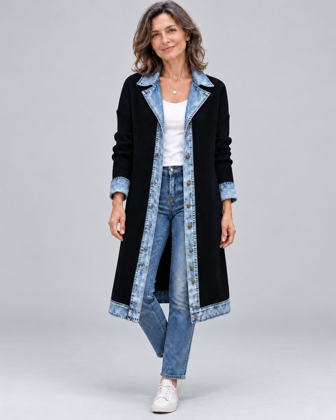 Rosalinda | Cardigan Lungo in Maglia con Dettagli in Denim